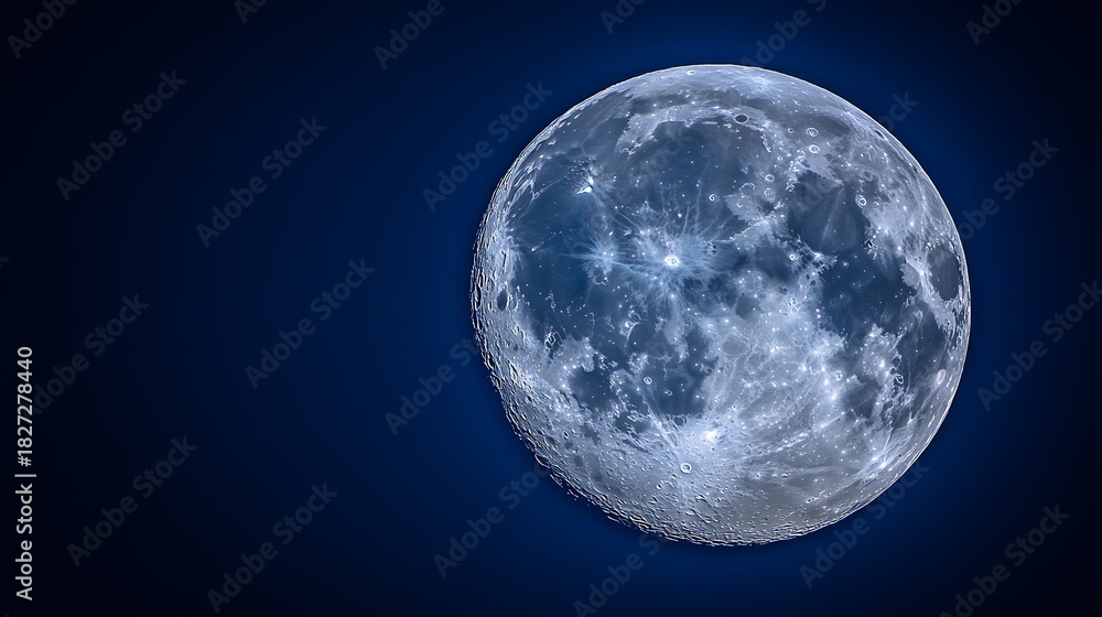 Obraz premium Ethereal Full Moon Against Dark Blue Sky, Detailed Lunar Surface with Craters and Shadows