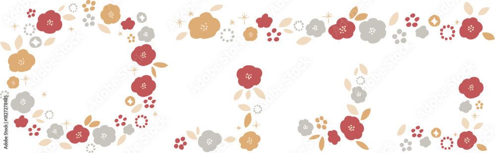 Fototapeta premium 年賀状素材。和風の椿と桜のフレームイラスト。和風の年賀背景。New Year's card material. Japanese-style camellia and cherry blossom frame illustration. Japanese-style New Year's background.