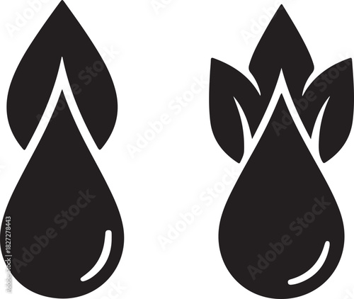 Two simple black water droplet icons with leaf shapes inside