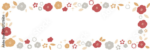 年賀状素材。和風の椿と桜のフレームイラスト。和風の年賀背景。New Year's card material. Japanese-style camellia and cherry blossom frame illustration. Japanese-style New Year's background.