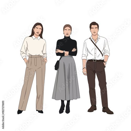 Three fashionably dressed individuals posing against a plain white background, showcasing stylish outfits.