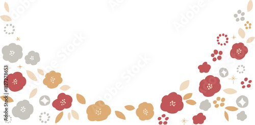 年賀状素材。和風の椿と桜のフレームイラスト。和風の年賀背景。New Year's card material. Japanese-style camellia and cherry blossom frame illustration. Japanese-style New Year's background.