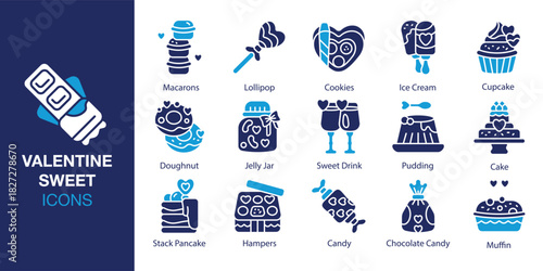 Valentine Sweet Icon set. Containing candy, chocolate, dessert, cupcake, cookie and more. Solid vector icons collection. Vector illustration.