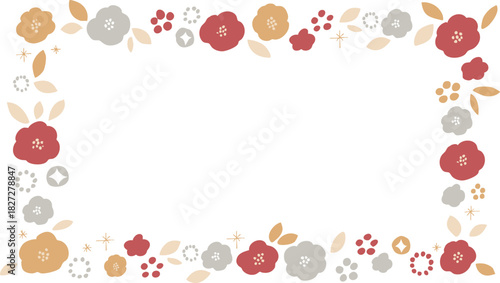 年賀状素材。和風の椿と桜のフレームイラスト。和風の年賀背景。New Year's card material. Japanese-style camellia and cherry blossom frame illustration. Japanese-style New Year's background.