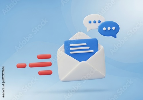 Digital communication concept with envelope chat bubbles and abstract elements on a blue background