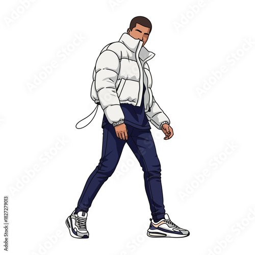 Stylish man walking in a white puffer jacket and jeans, modern illustration with a confident expression.