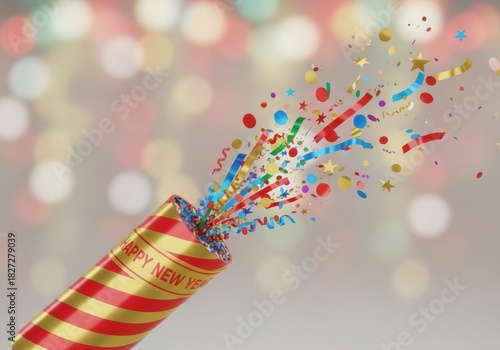 Confetti explodes from a party popper against a bokeh background celebration