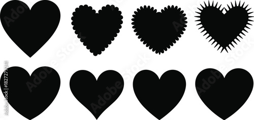 Heart, silhouette, set, vector, love, romantic, shape, icon, design, black, shadow, valentines, decoration, symbol, isolated, graphic, clipart, wedding, template, decoration