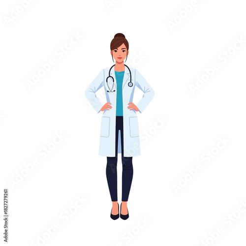 A female doctor stands confidently, wearing a white coat and stethoscope.