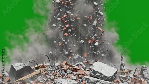 Falling Debris: Concrete & Brick Demolition on Green Screen (4K VFX)