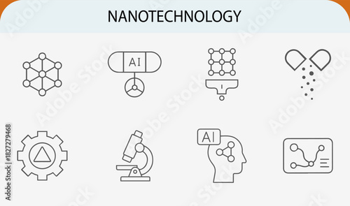 Nanotechnology line icons set, microscopic science innovation vector
