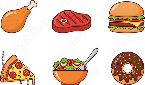 Six cartoon food icons including fried chicken steak burger pizza pasta salad and donut