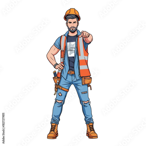 A construction worker in safety gear pointing directly towards the viewer.
