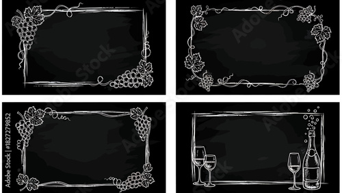 Four chalkboard frames with grape and wine glass designs.