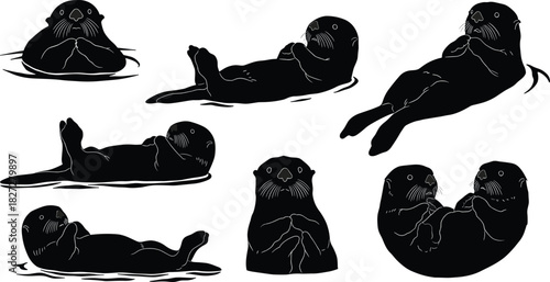 Cad drawing flat vector illustration of cute sea otter silhouettes, black animal design, floating marine wildlife, swimming and resting poses art