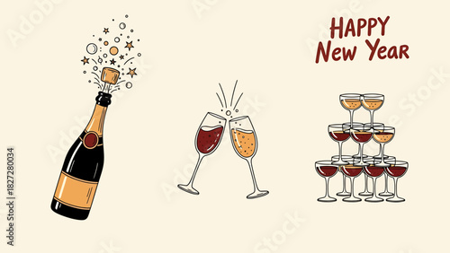 A set of hand-drawn illustrations for a Happy New Year celebration with champagne and wine.
