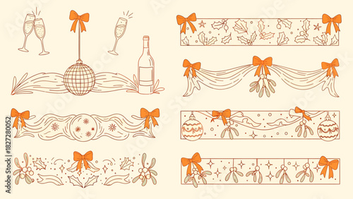 Collection of festive decorative borders and elements with bows, mistletoe, and champagne for celebrations.