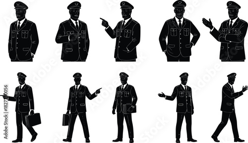 Cad drawing flat vector illustration of male pilot character set in uniform, standing, pointing, walking, carrying briefcase, professional aviation design
