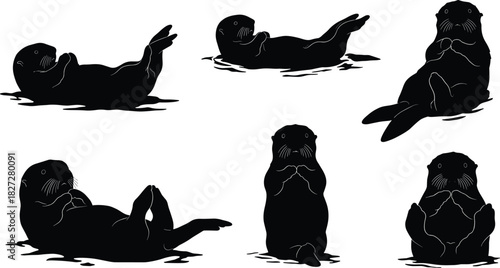 Cad drawing flat vector illustration of sea otter silhouettes, marine animal design, floating and swimming wildlife, ocean nature concept art