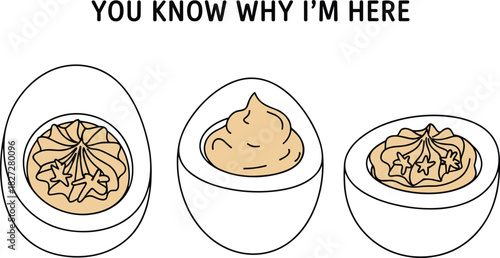 Three halves of deviled eggs with piped filling and star shapes on white background