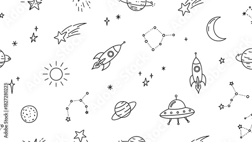 Black and white illustration of space elements, including rockets, planets, stars, and constellations.