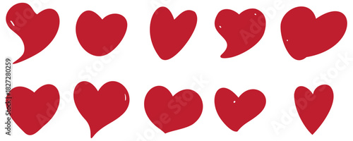 Collection of red heart doodles scattered on a white backdrop illustrating love