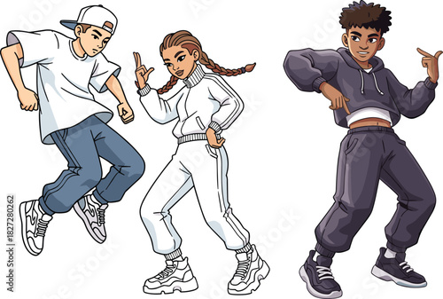 Cool hip hop dancers performing street dance moves, stylish young people in modern outfits, urban culture illustration for music and lifestyle design