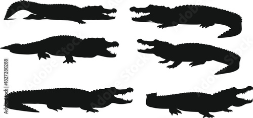 Crocodile silhouette collection isolated on white background, showing wild reptile poses, dangerous predator animal vector illustration for wildlife design and art