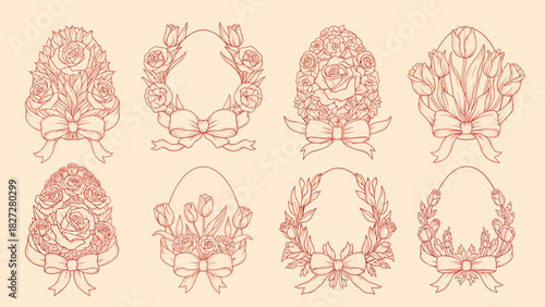 Collection of Easter egg designs with floral wreaths and bows.