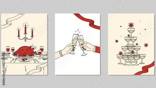 A set of three vintage-style illustrations depicting festive holiday celebrations, including a dinner feast, a champagne toast, and a champagne tower.