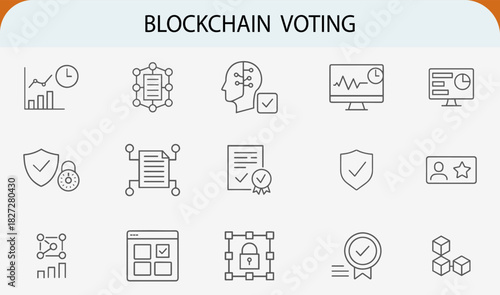Blockchain voting line icons set, secure digital election vector