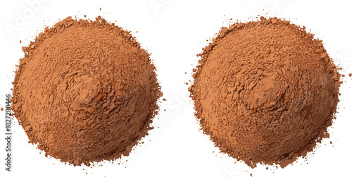 Two piles of brown powder with rough texture on white background heap granular
