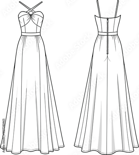 Elegant women long maxi evening gown CAD drawing, sleeveless criss cross neckline dress with flare skirt, technical flat vector illustration