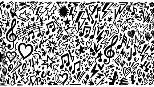Black and white doodle art with musical notes, hearts, stars, and lightning bolts.