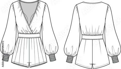 Fashion romper technical flat sketch, women’s jumpsuit design, long puff sleeve V neck romper template, CAD garment drawing vector illustration