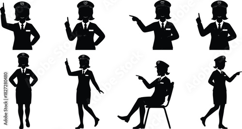 female airline pilot illustration in uniform, professional woman aviator poses, black silhouette collection, aviation industry character design, cad vector drawing