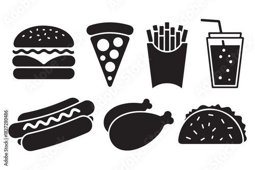 Collection of popular fast food icons in a clean silhouette style