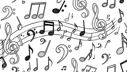 Hand-drawn black and white musical notes, clefs, and symbols scattered across a musical staff background.