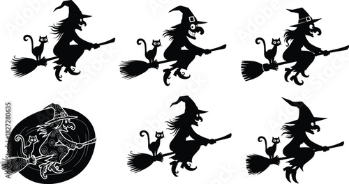 Halloween witch silhouette flying on broomstick with black cat, spooky night illustration, magical witchcraft concept, vector cartoon design, isolated