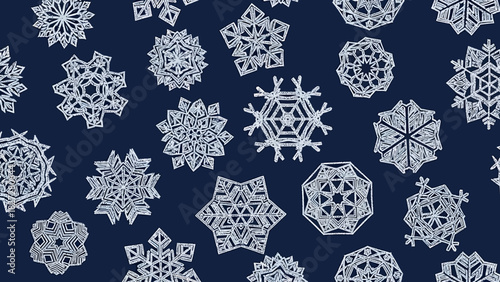 A collection of intricate and unique white snowflakes scattered across a dark blue background.