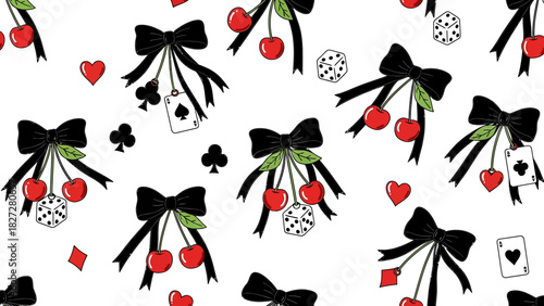 Seamless pattern featuring black bows, cherries, playing cards, and dice on a white background.