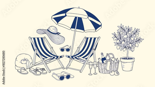 Beach scene with chairs, umbrella, and picnic basket illustration.