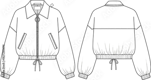 Here is a title and a comprehensive list of keywords for the provided technical fashion illustration (CAD drawing) of a jacket, optimized for Adobe Stock SEO.