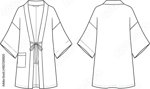 Kimono jacket technical sketch, fashion flat drawing, CAD garment illustration, vector apparel template, loose fit design, sleeve detail, patch pocket