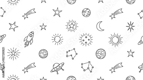 Seamless pattern of hand-drawn space doodles including rockets, planets, stars, and UFOs on a white background.