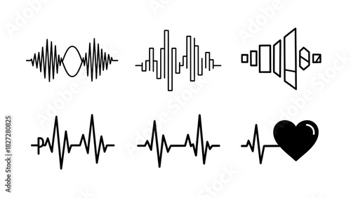 Vector illustration of various sound waves, audio equalizer, and heartbeat pulse lines with a heart icon.