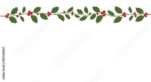 Simple Christmas holly berry horizontal decorative divider for winter holiday design isolated PNG with Transparent Background