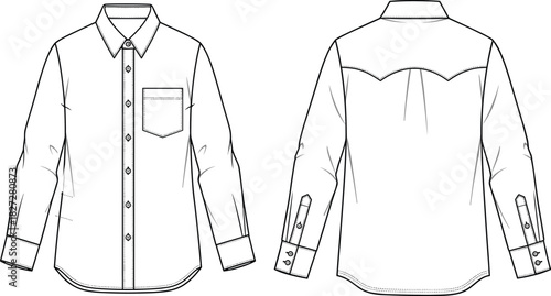 Men's Long Sleeve Western Shirt Flat Sketch Fashion Technical Drawing Vector CAD