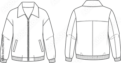 Men bomber jacket technical flat sketch, casual zip-up outerwear vector illustration, fashion cad drawing, apparel design template for clothing production