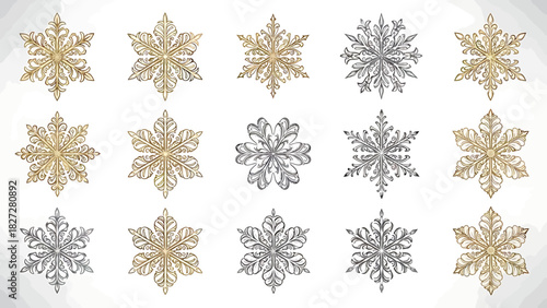 A beautiful collection of fifteen intricate gold and silver snowflakes on a white background.